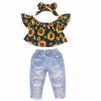 INS Hot Girl Flying Sleeve Woven Print Sunflower Top + Brushed Denim Ripped Pants + Turban Three Piece Set kids clothing