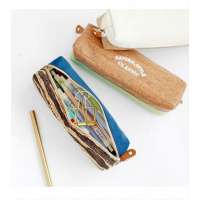 New design natural cotton canvas stitching cork pencil case,zipper pencil pouch for school bags